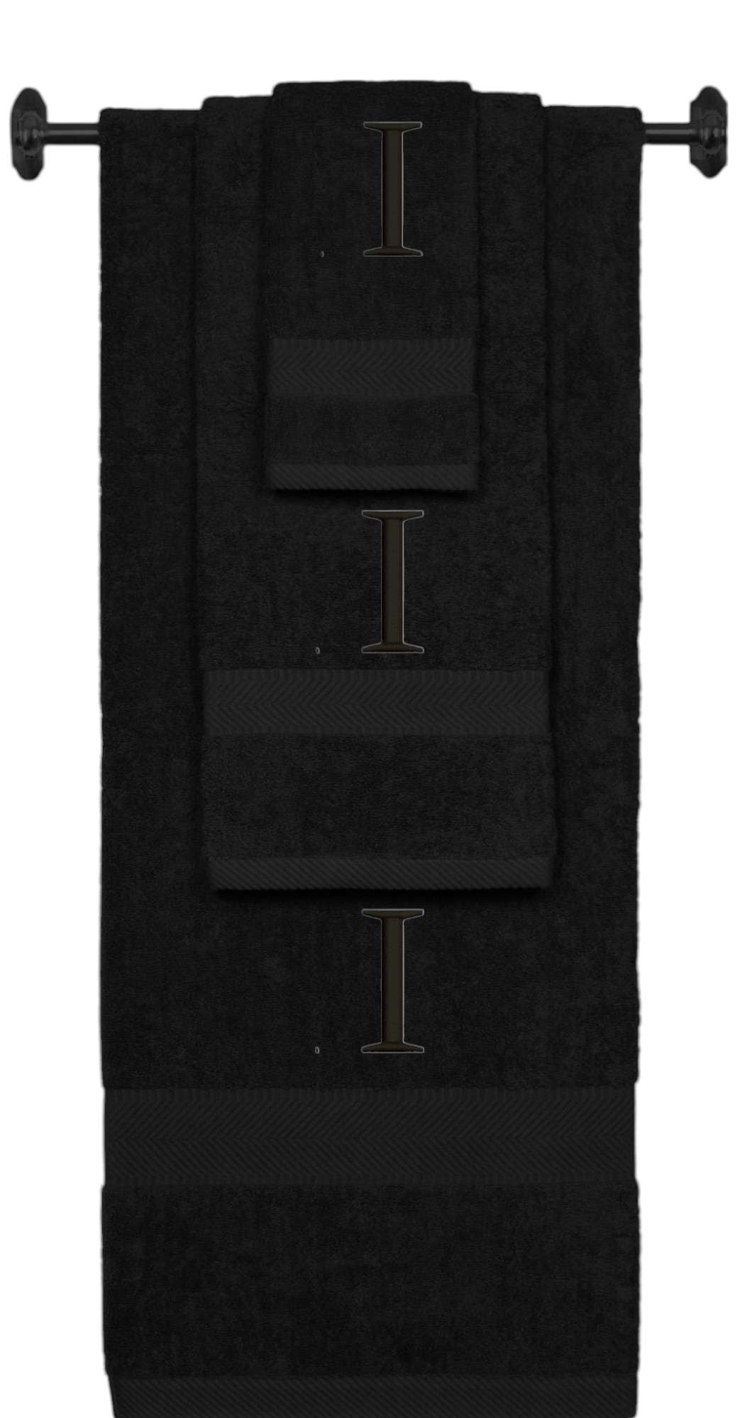 Black monogrammed towel set with Black thread, Times New Roman font, initial I - 540 GSM cotton 3-piece