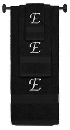 Black monogrammed towel set with Silver thread, Chancery font, initial E - 540 GSM cotton 3-piece