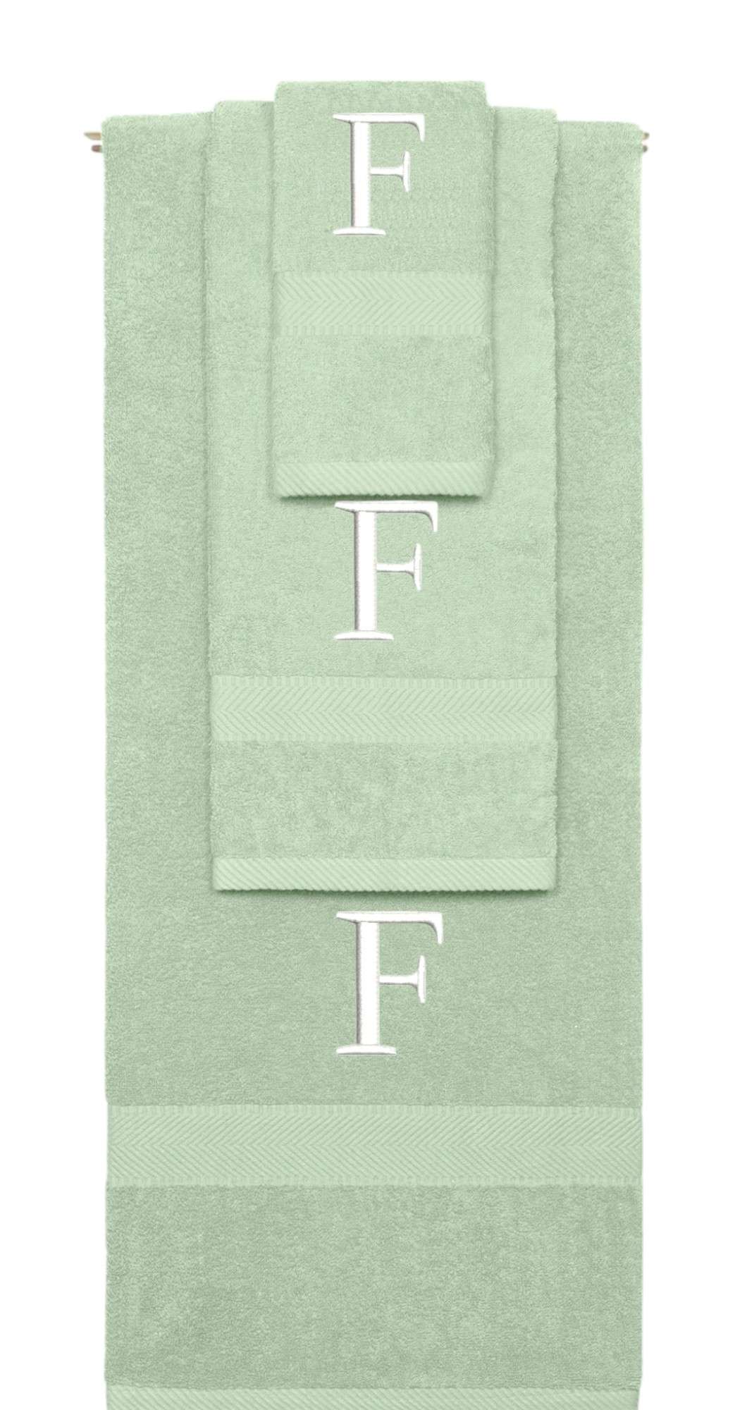 Mint Green monogrammed towel set with White thread, Times New Roman font, initial F - 540 GSM cotton 3-piece