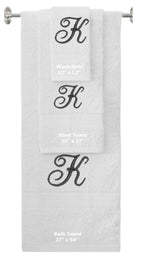 White monogrammed towel set with Black thread, Diana Script font, initial K - 540 GSM cotton 3-piece