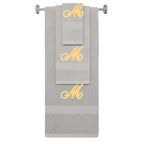 Silver monogrammed towel set with Gold thread, Diana Script font, initial M - 540 GSM cotton 3-piece
