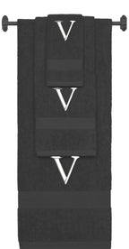 Charcoal monogrammed towel set with White thread, Times New Roman font, initial V - 540 GSM cotton 3-piece