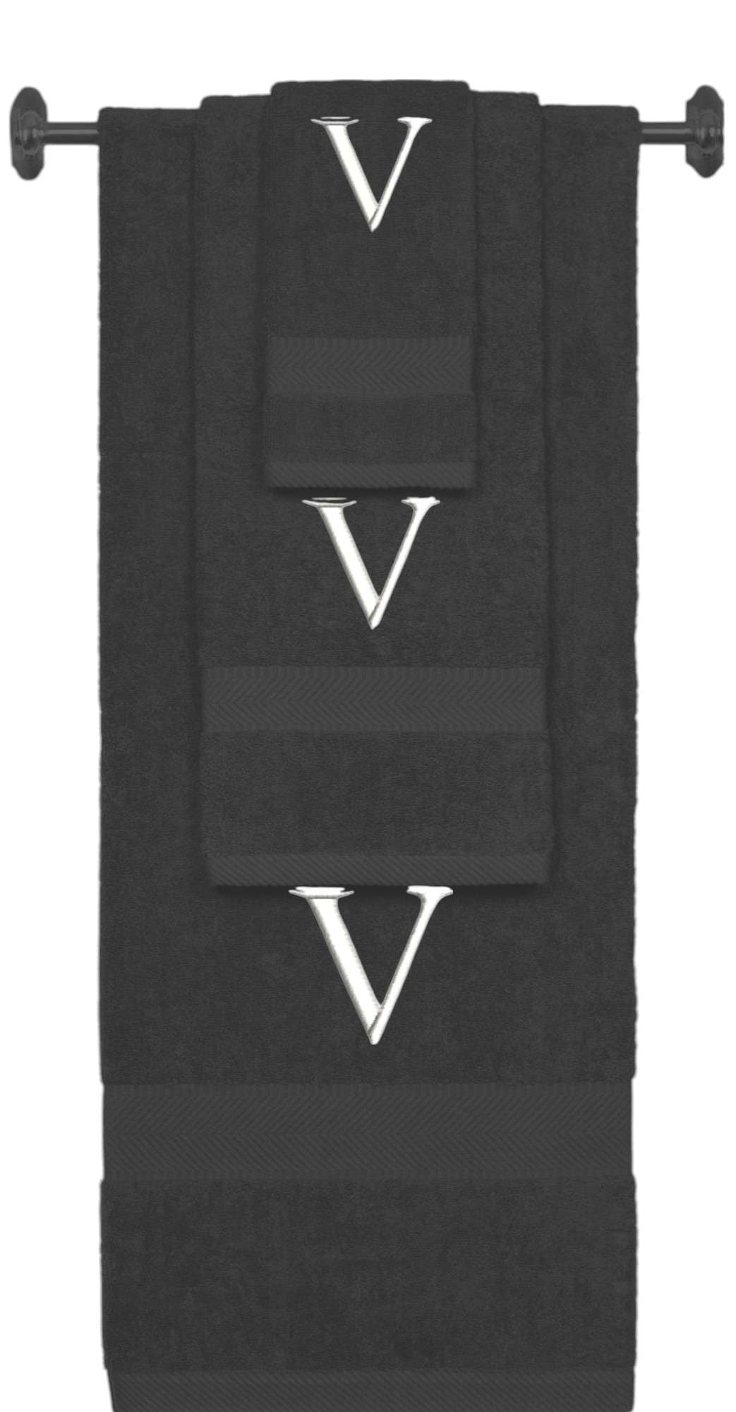 Charcoal monogrammed towel set with White thread, Times New Roman font, initial V - 540 GSM cotton 3-piece
