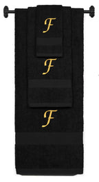 Black monogrammed towel set with Gold thread, Chancery font, initial F - 540 GSM cotton 3-piece