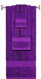 Purple monogrammed towel set with Gold thread, Times New Roman font, initial L - 540 GSM cotton 3-piece