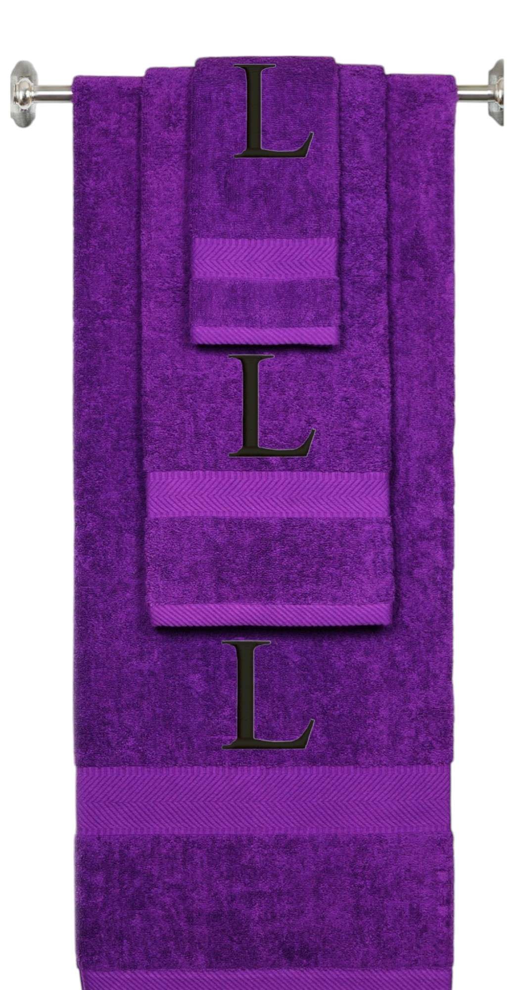 Purple monogrammed towel set with Gold thread, Times New Roman font, initial L - 540 GSM cotton 3-piece
