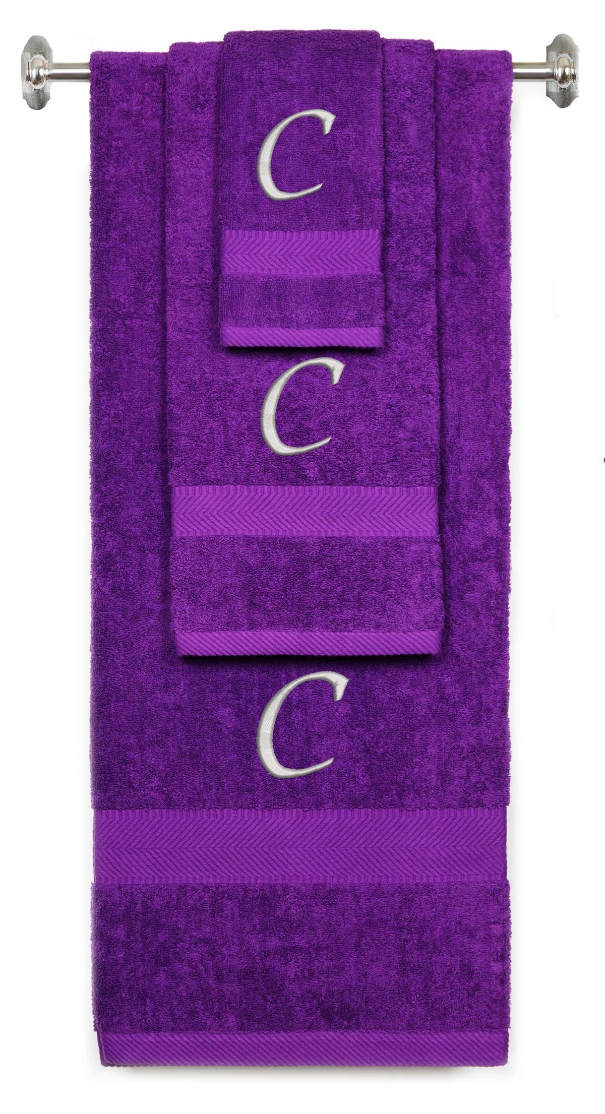 Purple monogrammed towel set with Silver thread, Chancery font, initial C - 540 GSM cotton 3-piece