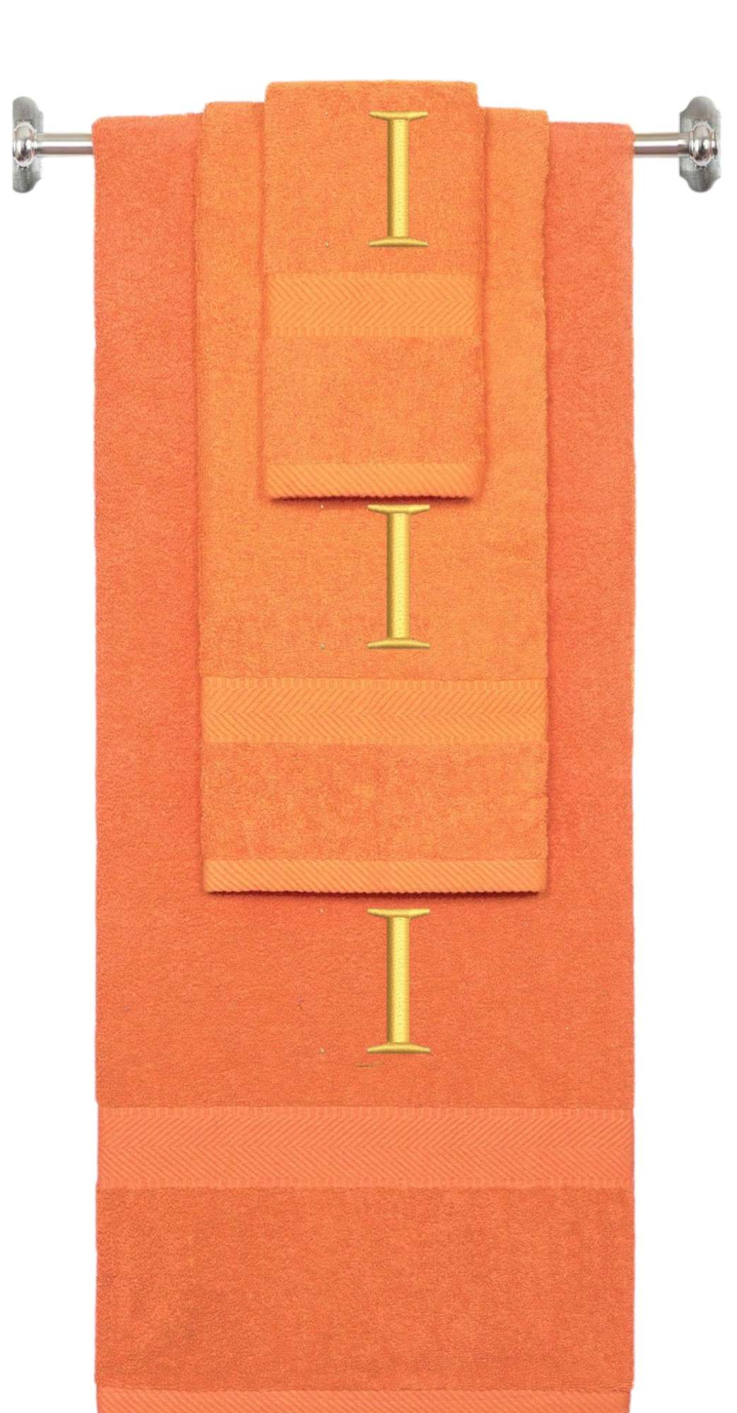 Orange monogrammed towel set with Gold thread, Times New Roman font, initial I - 540 GSM cotton 3-piece