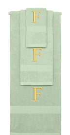 Mint Green monogrammed towel set with Gold thread, Times New Roman font, initial F - 540 GSM cotton 3-piece