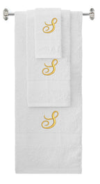 White monogrammed towel set with Gold thread, Diana Script font, initial S - 540 GSM cotton 3-piece