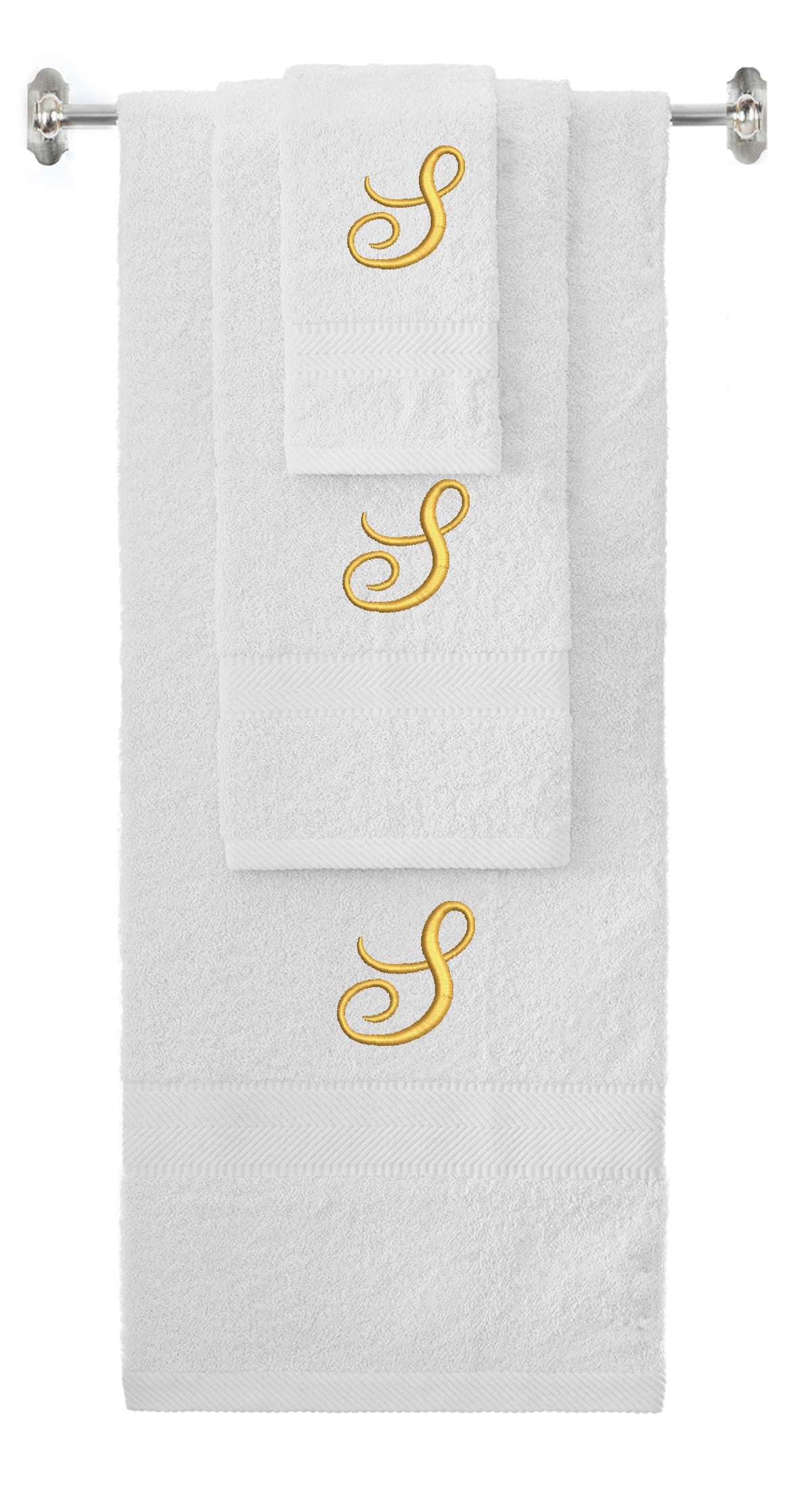 White monogrammed towel set with Gold thread, Diana Script font, initial S - 540 GSM cotton 3-piece
