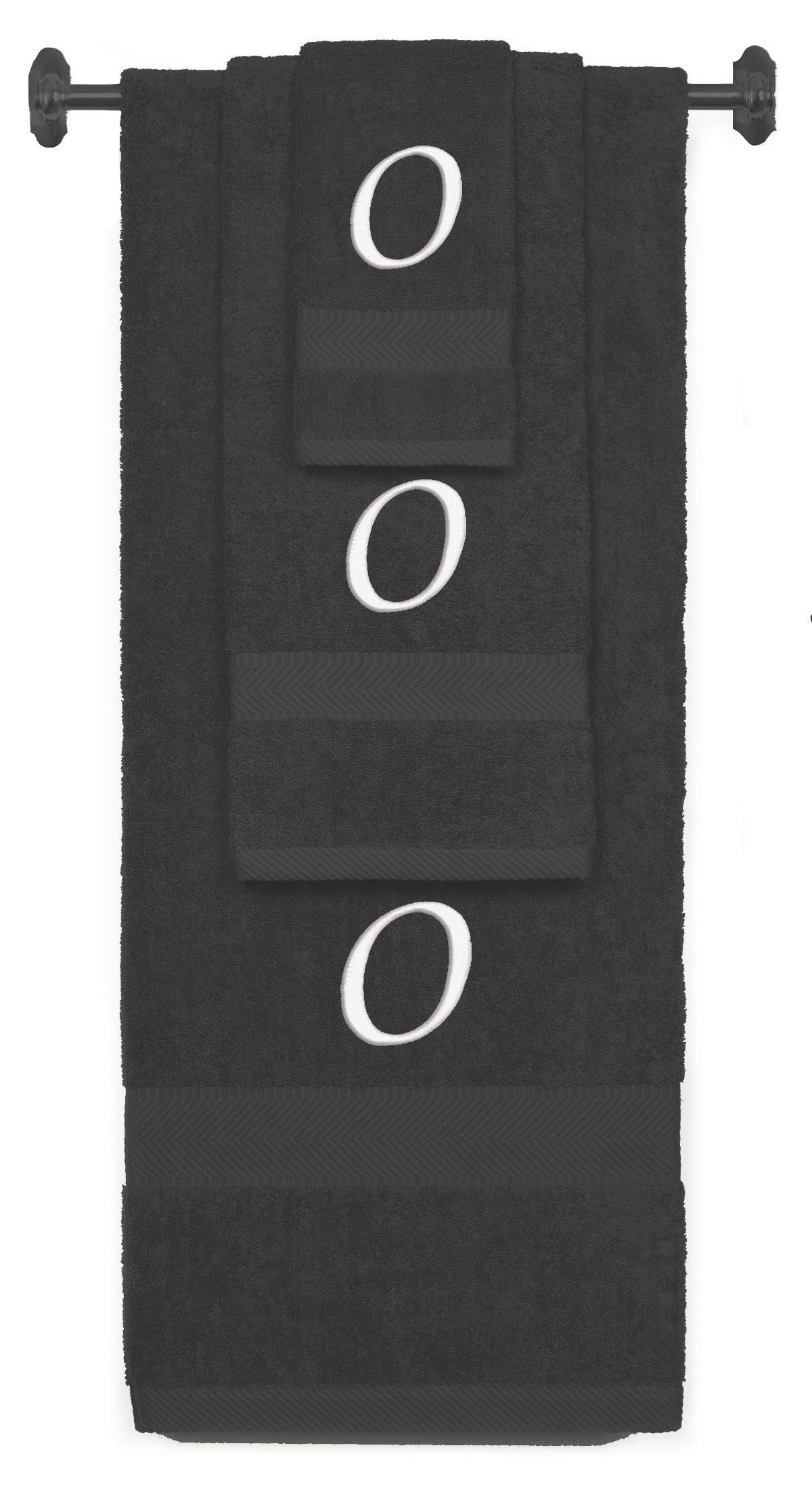 Charcoal monogrammed towel set with White thread, Chancery font, initial O - 540 GSM cotton 3-piece