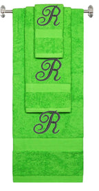Lime monogrammed towel set with Black thread, Diana Script font, initial R - 540 GSM cotton 3-piece
