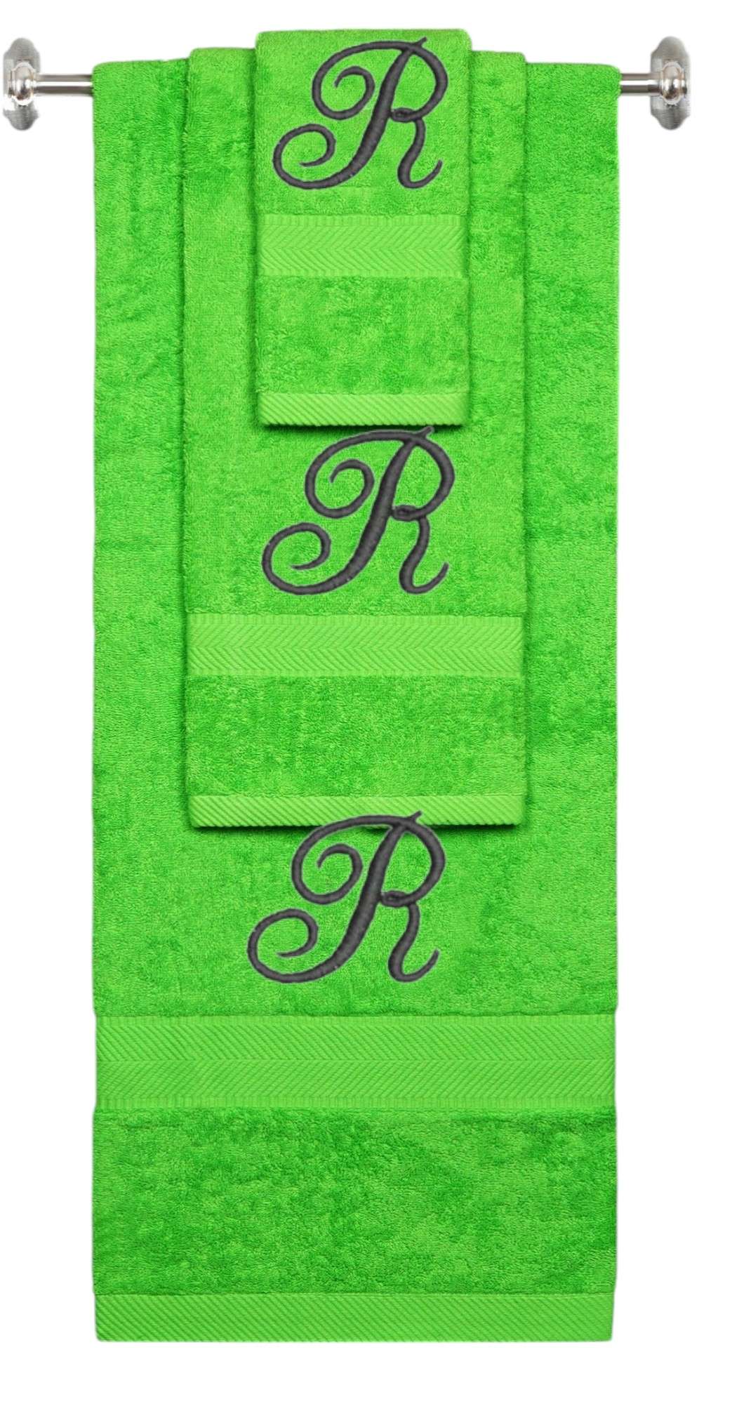 Lime monogrammed towel set with Black thread, Diana Script font, initial R - 540 GSM cotton 3-piece