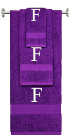 Purple monogrammed towel set with White thread, Times New Roman font, initial F - 540 GSM cotton 3-piece