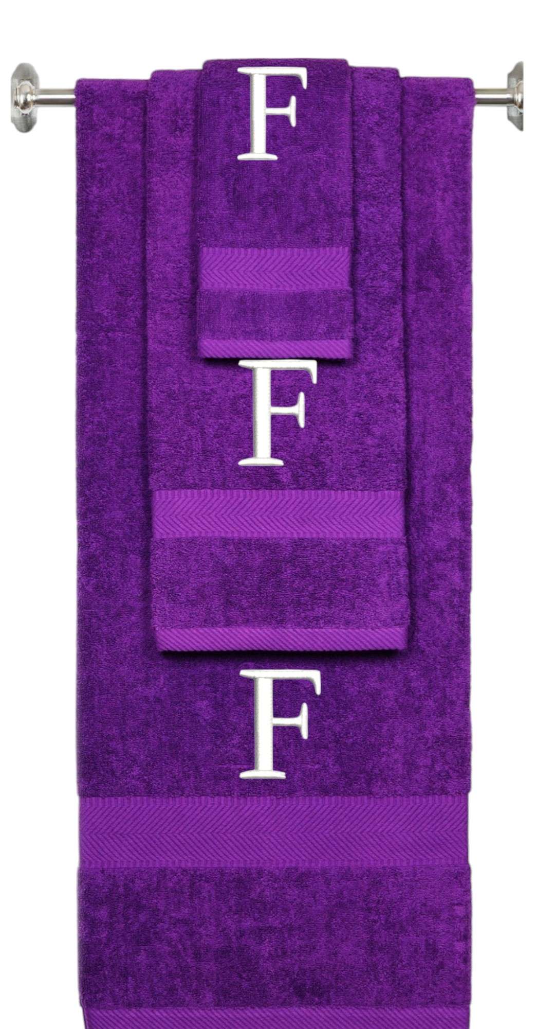 Purple monogrammed towel set with White thread, Times New Roman font, initial F - 540 GSM cotton 3-piece