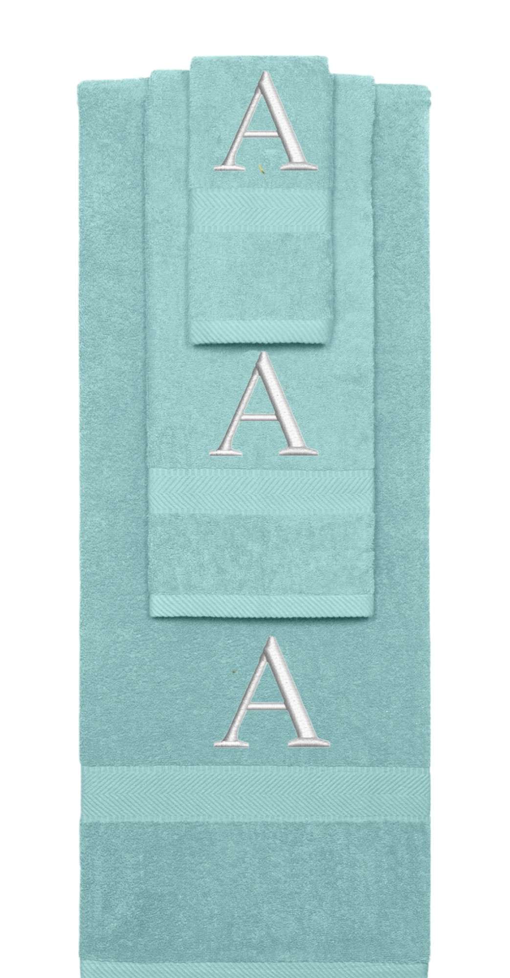 Nautical Teal monogrammed towel set with Silver thread, Times New Roman font, initial A - 540 GSM cotton 3-piece