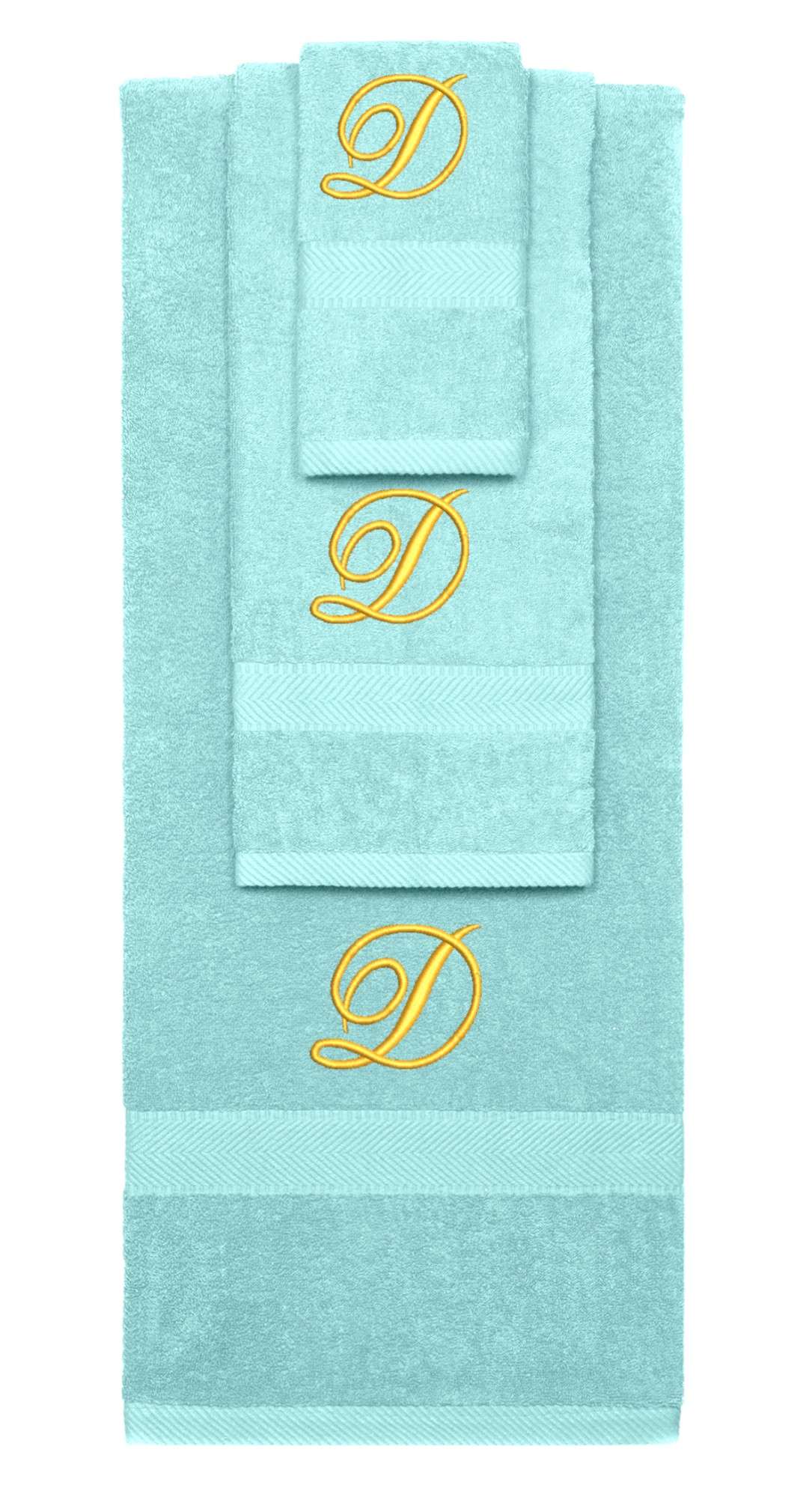 Nautical Teal monogrammed towel set with Gold thread, Diana Script font, initial D - 540 GSM cotton 3-piece