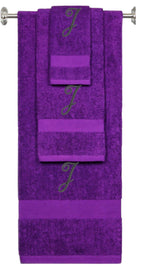 Purple monogrammed towel set with Black thread, Diana Script font, initial J - 540 GSM cotton 3-piece