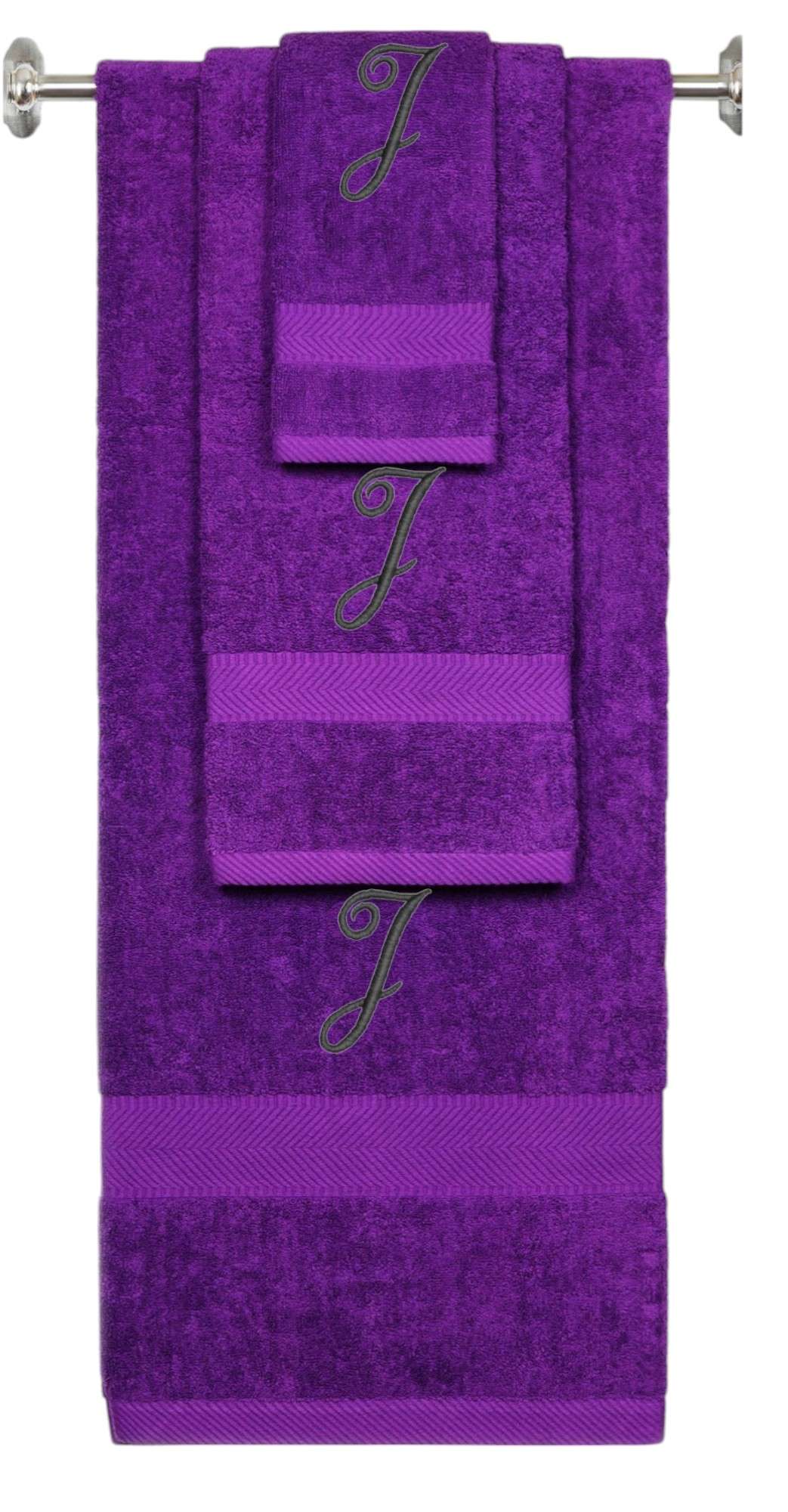 Purple monogrammed towel set with Black thread, Diana Script font, initial J - 540 GSM cotton 3-piece