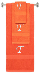 Orange monogrammed towel set with White thread, Chancery font, initial T - 540 GSM cotton 3-piece