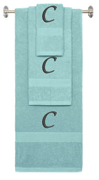 Nautical Teal monogrammed towel set with Black thread, Chancery font, initial C - 540 GSM cotton 3-piece