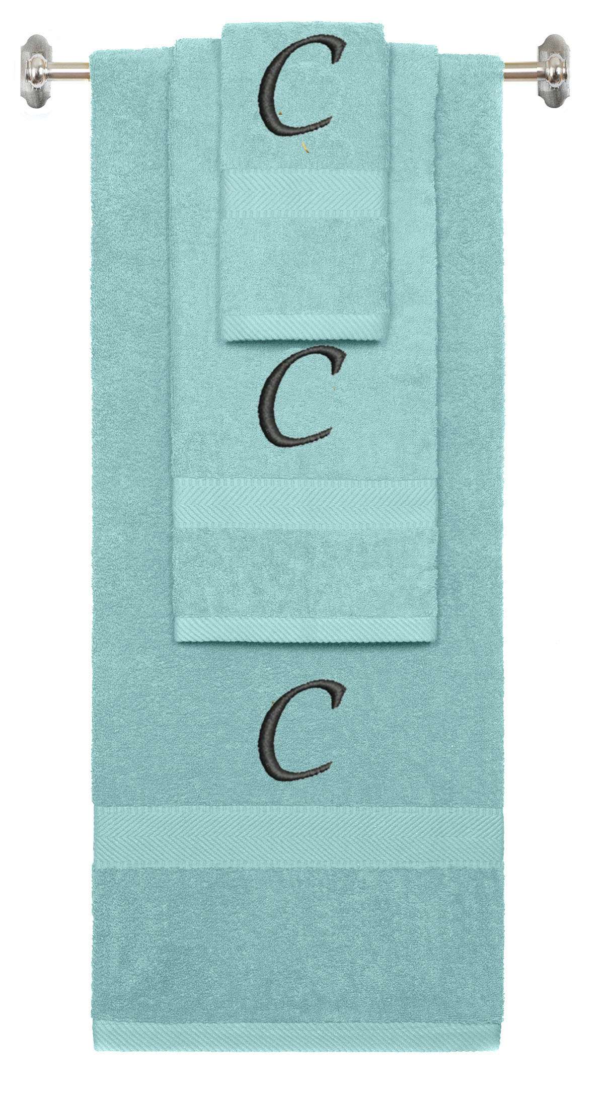 Nautical Teal monogrammed towel set with Black thread, Chancery font, initial C - 540 GSM cotton 3-piece