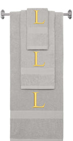 Silver monogrammed towel set with Gold thread, Times New Roman font, initial L - 540 GSM cotton 3-piece