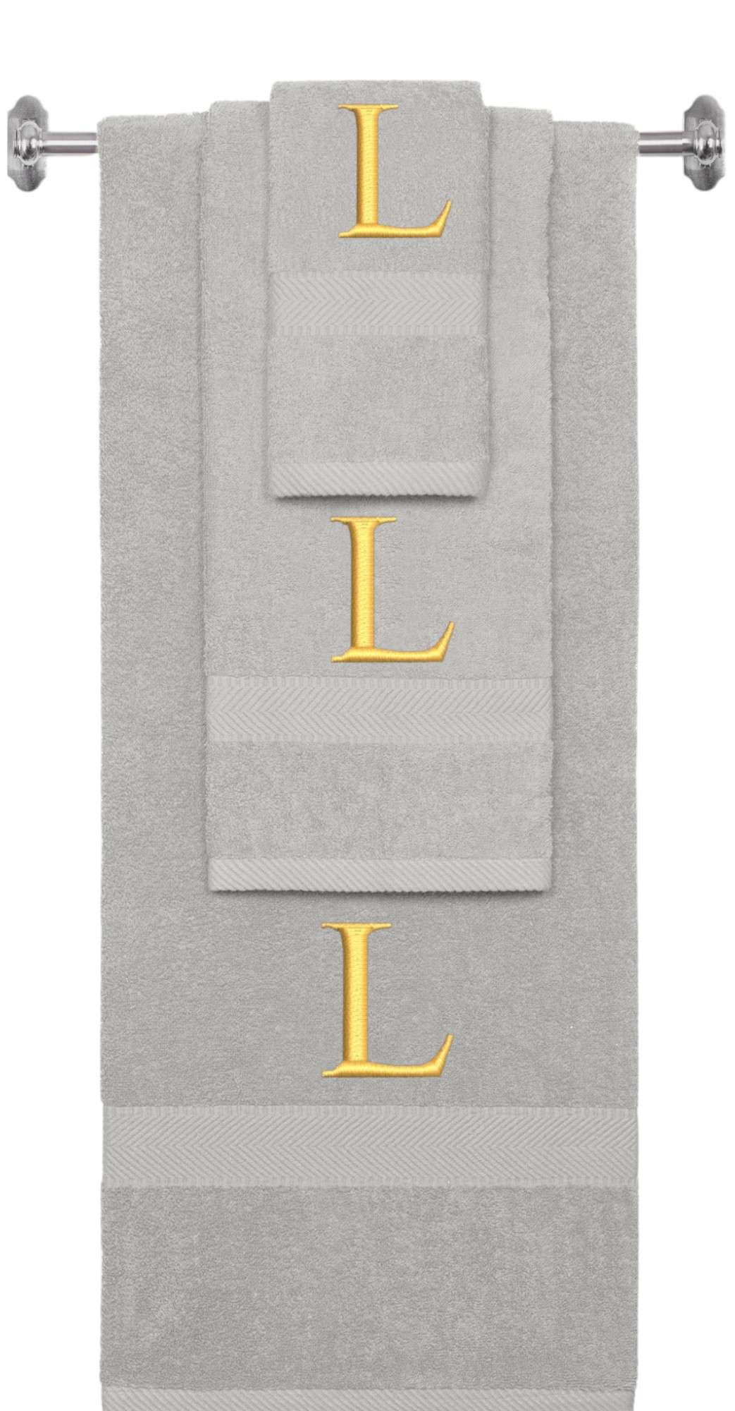 Silver monogrammed towel set with Gold thread, Times New Roman font, initial L - 540 GSM cotton 3-piece