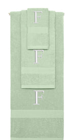 Mint Green monogrammed towel set with Silver thread, Times New Roman font, initial F - 540 GSM cotton 3-piece