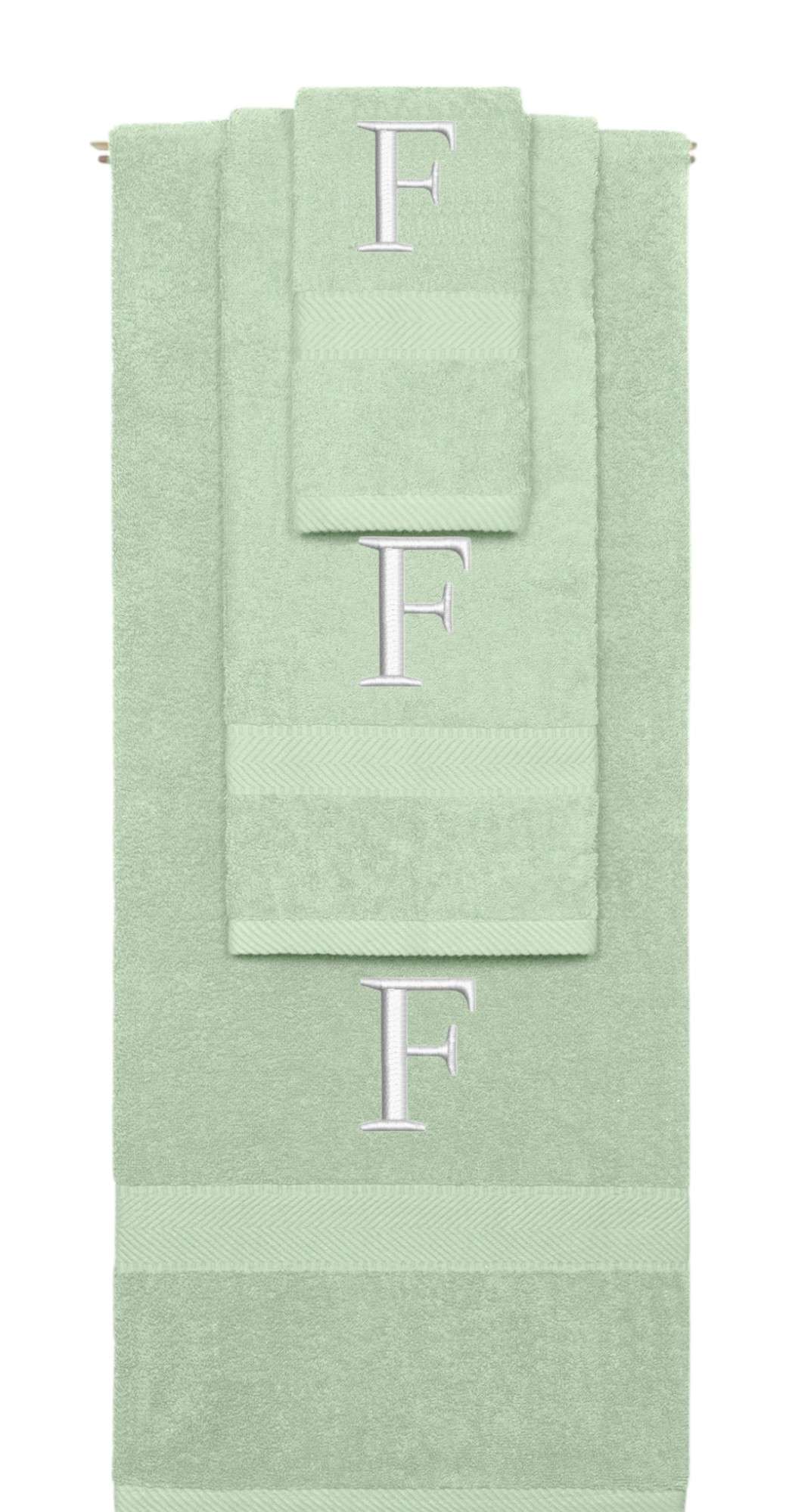 Mint Green monogrammed towel set with Silver thread, Times New Roman font, initial F - 540 GSM cotton 3-piece
