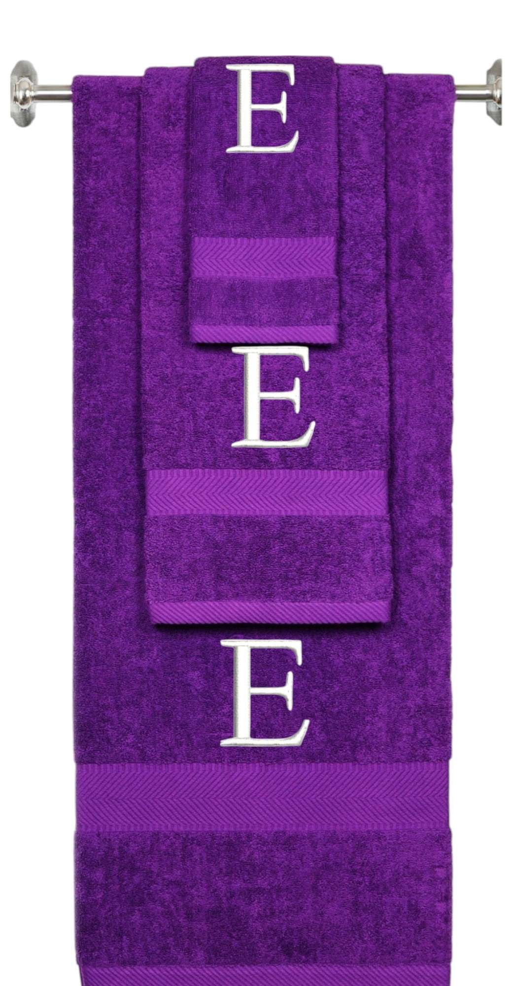Purple monogrammed towel set with White thread, Times New Roman font, initial E - 540 GSM cotton 3-piece
