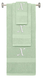 Mint Green monogrammed towel set with White thread, Chancery font, initial X - 540 GSM cotton 3-piece