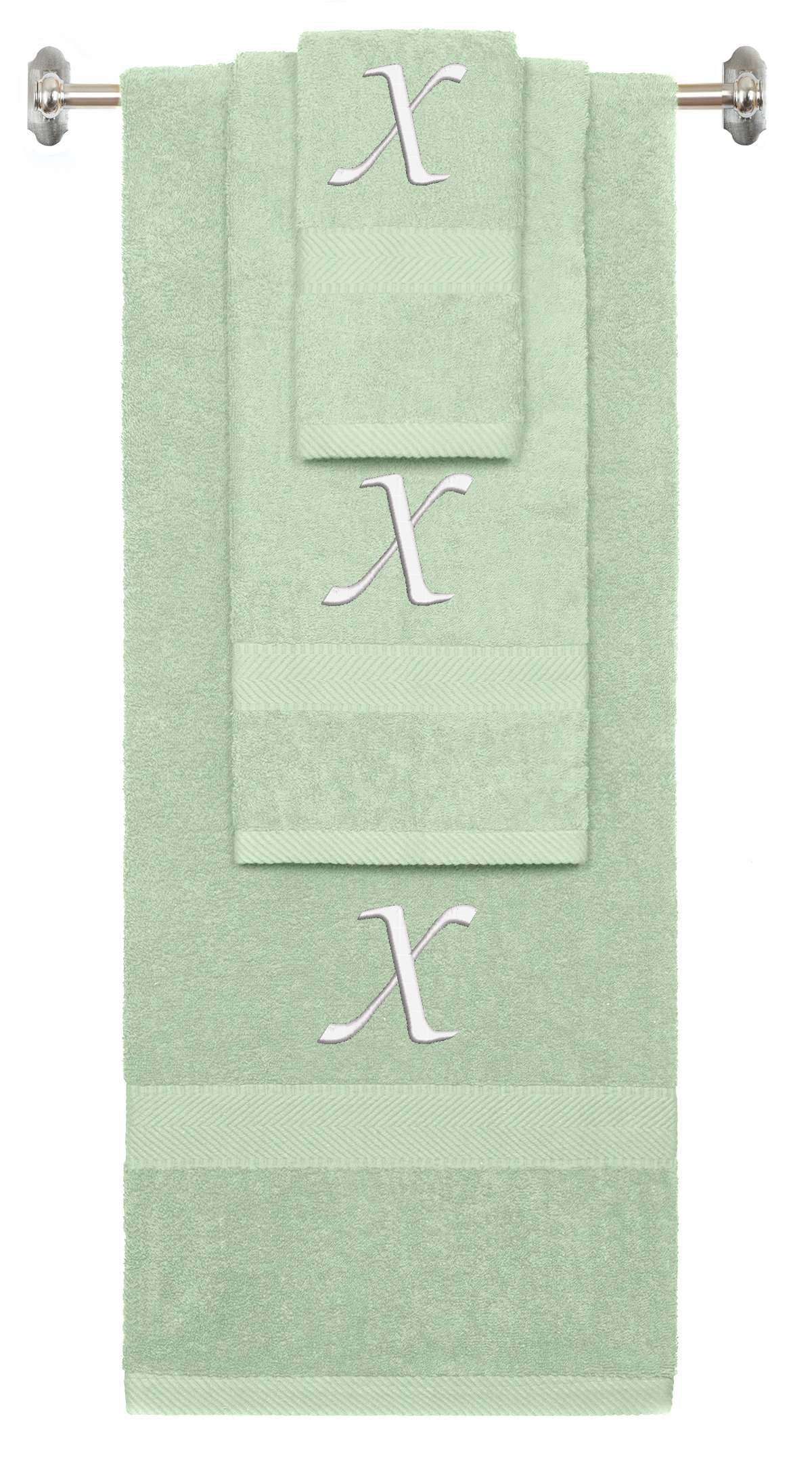 Mint Green monogrammed towel set with White thread, Chancery font, initial X - 540 GSM cotton 3-piece