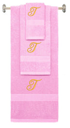 Pink monogrammed towel set with Gold thread, Diana Script font, initial T - 540 GSM cotton 3-piece