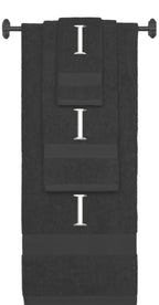 Charcoal monogrammed towel set with White thread, Times New Roman font, initial I - 540 GSM cotton 3-piece