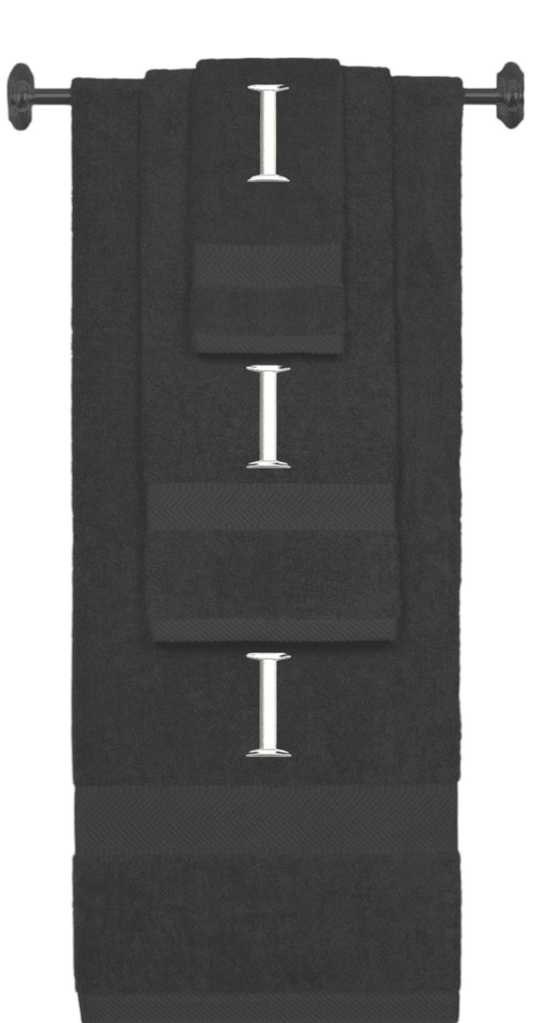 Charcoal monogrammed towel set with White thread, Times New Roman font, initial I - 540 GSM cotton 3-piece