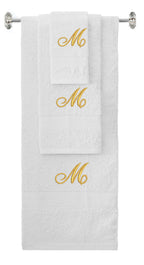 White monogrammed towel set with Gold thread, Diana Script font, initial M - 540 GSM cotton 3-piece