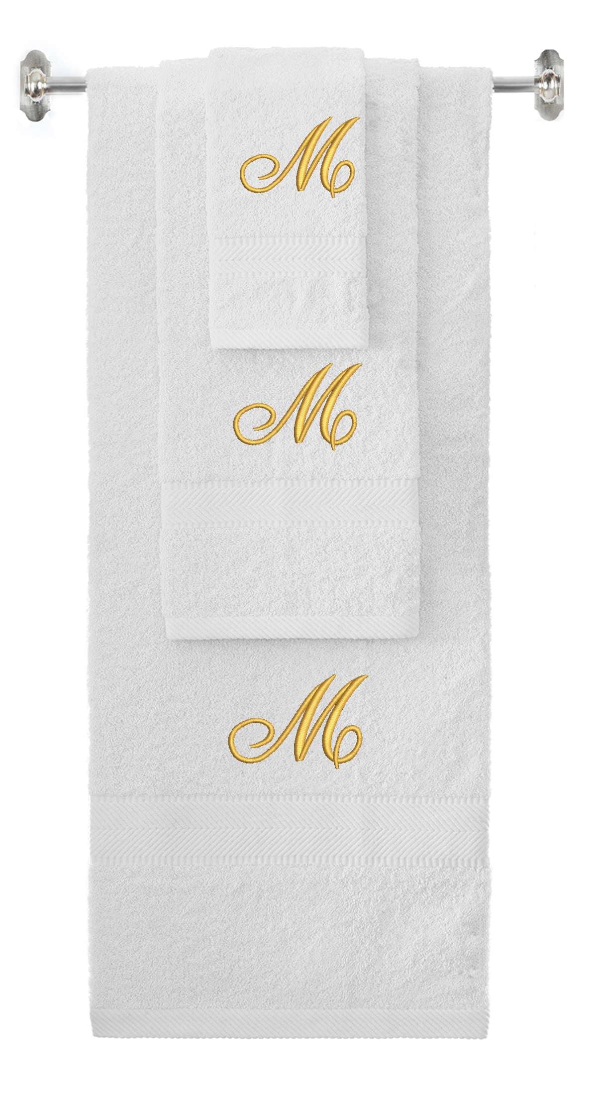 White monogrammed towel set with Gold thread, Diana Script font, initial M - 540 GSM cotton 3-piece
