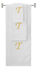 White monogrammed towel set with Gold thread, Chancery font, initial T - 540 GSM cotton 3-piece