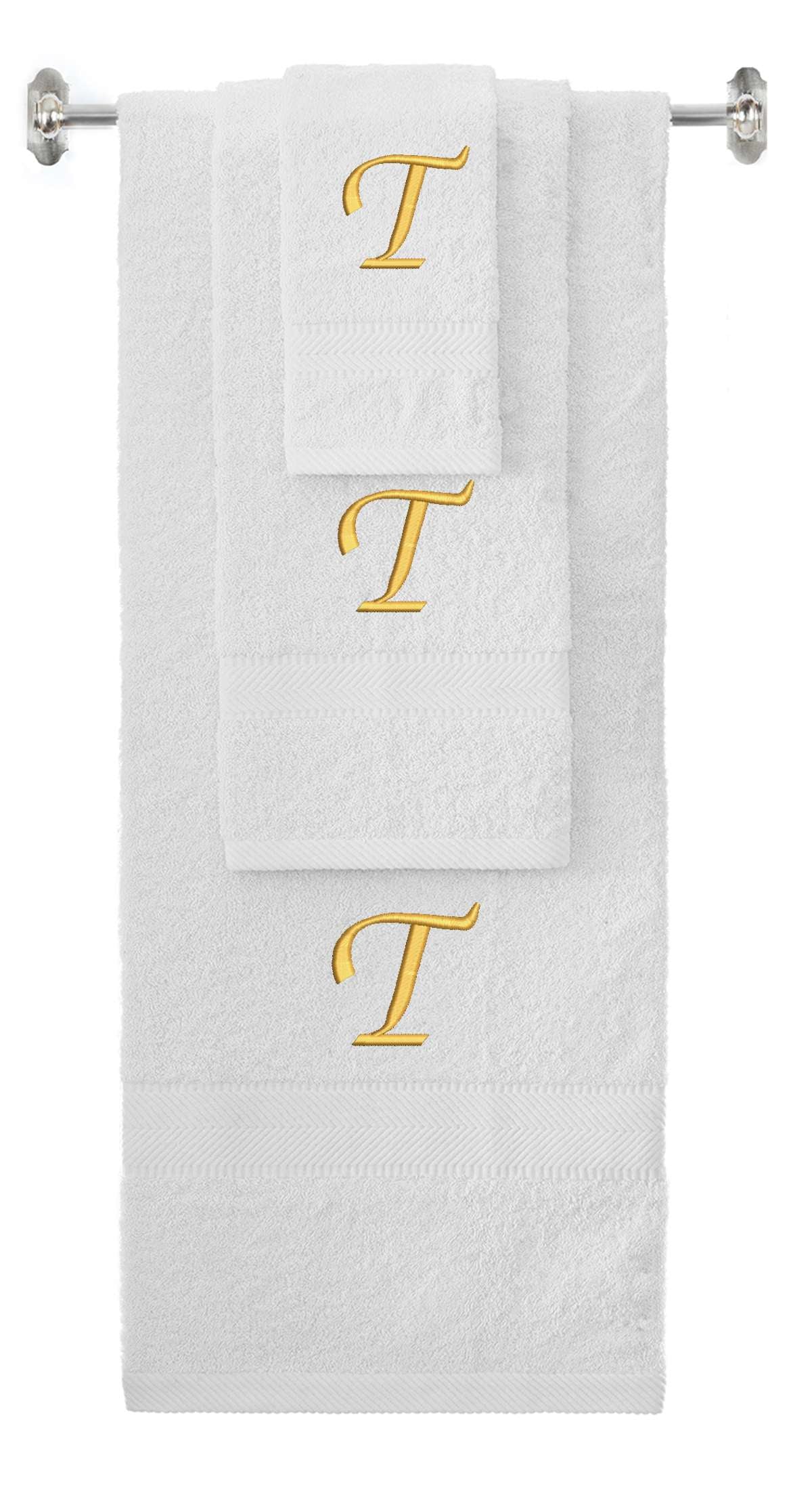 White monogrammed towel set with Gold thread, Chancery font, initial T - 540 GSM cotton 3-piece