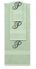 Mint Green monogrammed towel set with Black thread, Diana Script font, initial P - 540 GSM cotton 3-piece