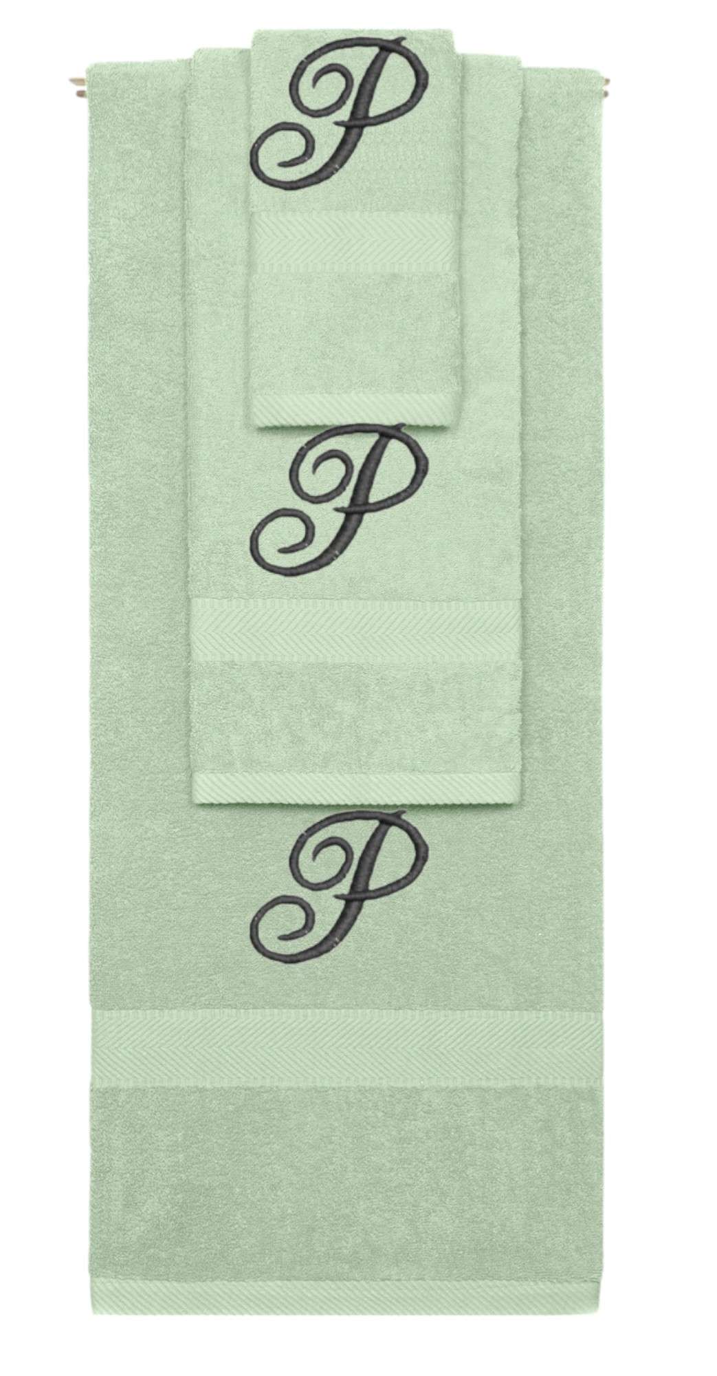 Mint Green monogrammed towel set with Black thread, Diana Script font, initial P - 540 GSM cotton 3-piece