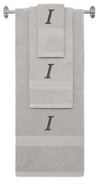 Silver monogrammed towel set with Black thread, Chancery font, initial I - 540 GSM cotton 3-piece