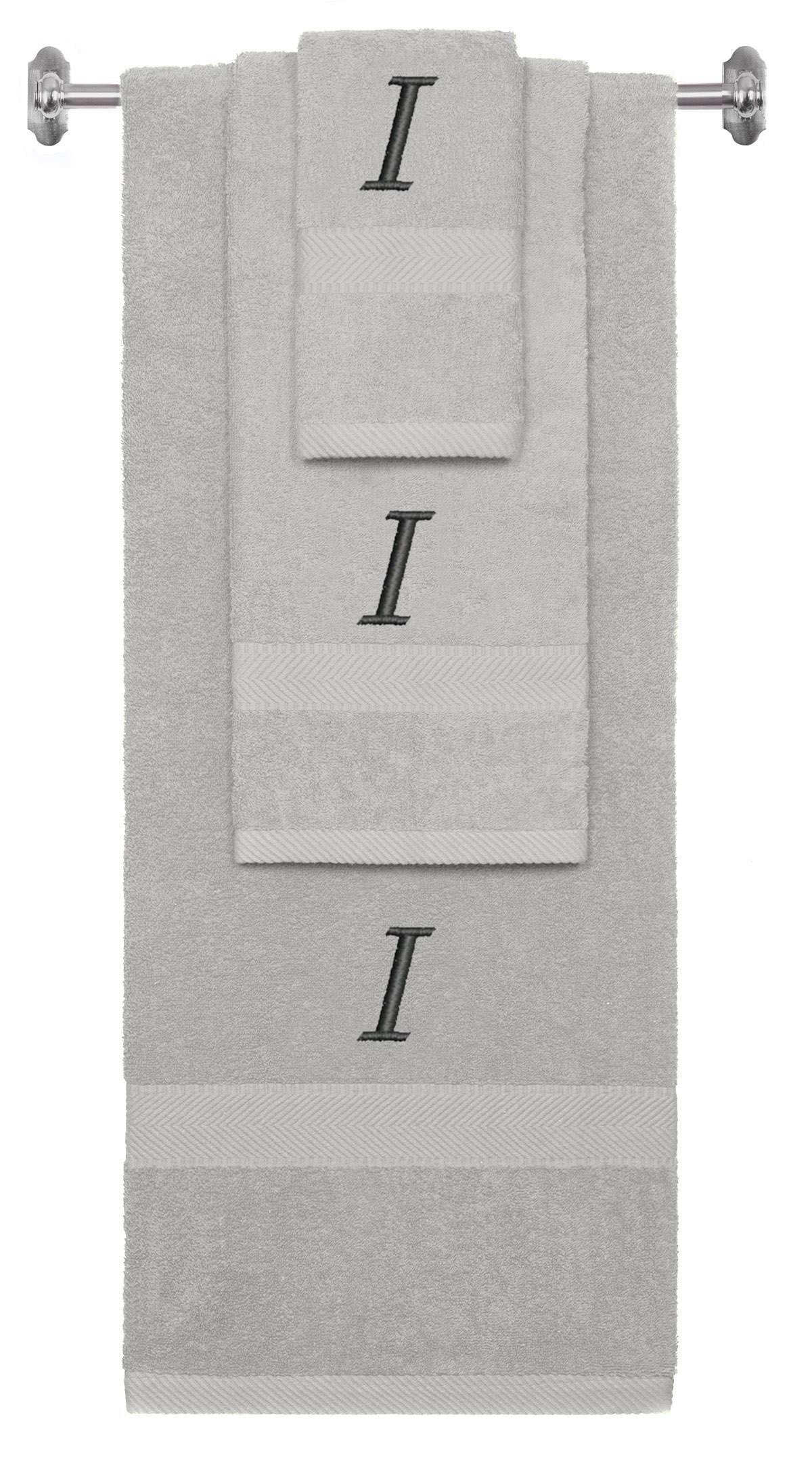 Silver monogrammed towel set with Black thread, Chancery font, initial I - 540 GSM cotton 3-piece