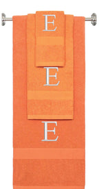 Orange monogrammed towel set with Silver thread, Times New Roman font, initial E - 540 GSM cotton 3-piece