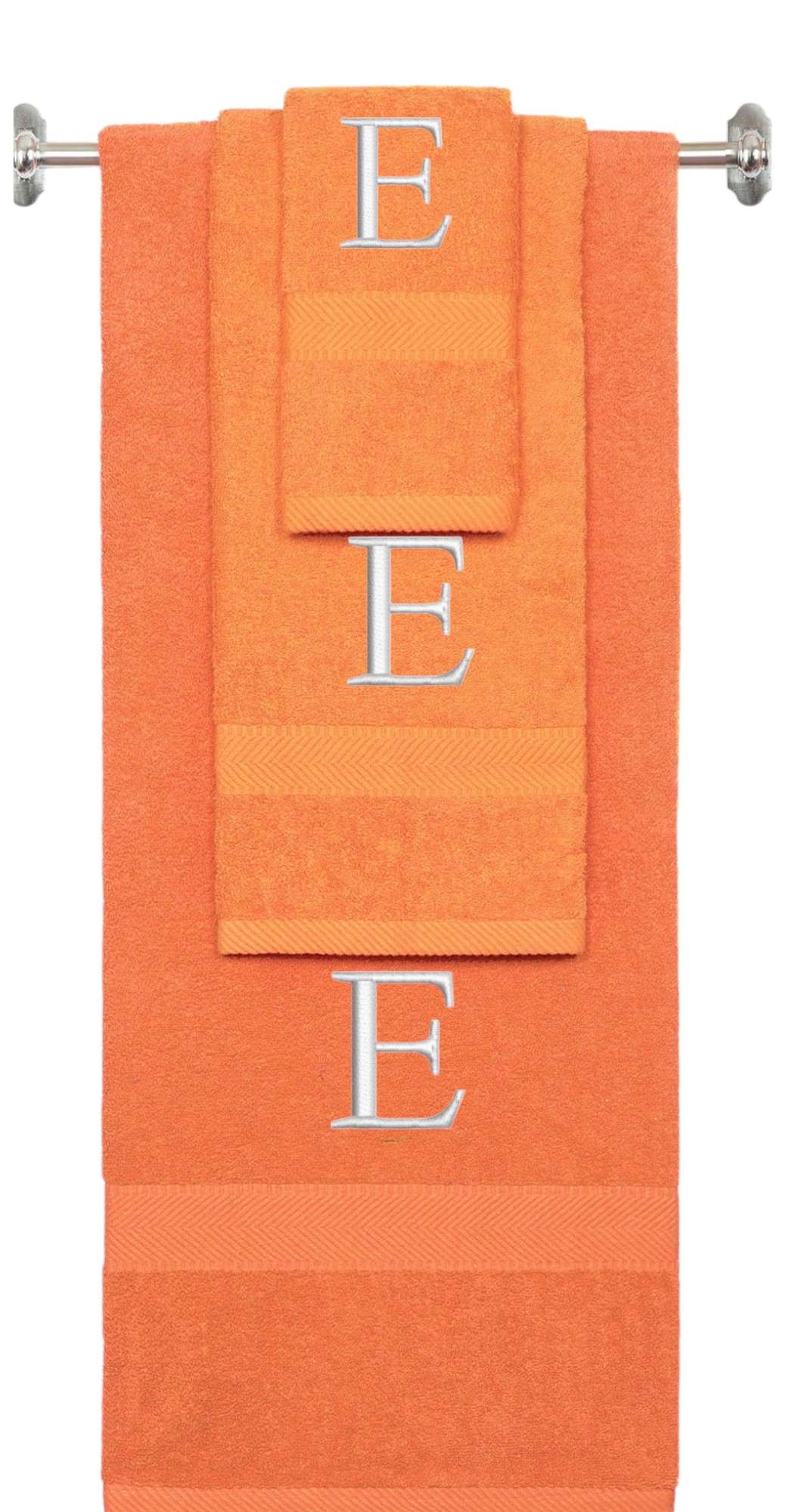 Orange monogrammed towel set with Silver thread, Times New Roman font, initial E - 540 GSM cotton 3-piece