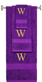 Purple monogrammed towel set with Gold thread, Times New Roman font, initial W - 540 GSM cotton 3-piece