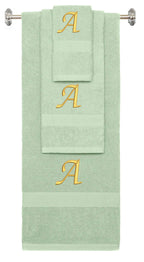 Mint Green monogrammed towel set with Gold thread, Chancery font, initial A - 540 GSM cotton 3-piece