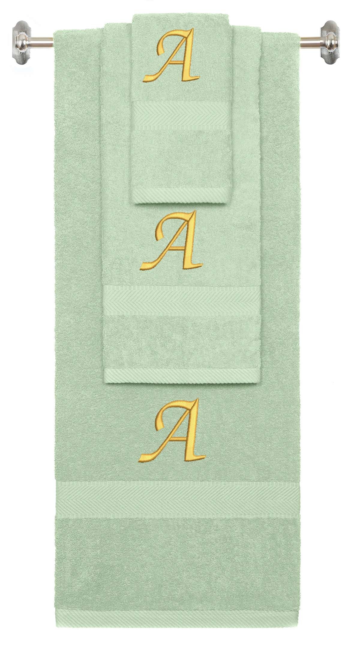 Mint Green monogrammed towel set with Gold thread, Chancery font, initial A - 540 GSM cotton 3-piece